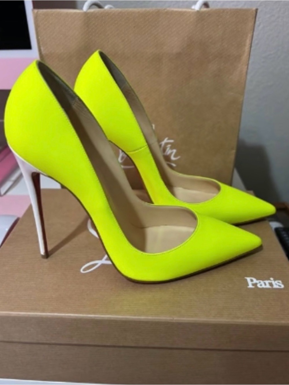 Christian Louboutin Neon Yellow Pointed Toe Stilettos - Picture 2 of 12